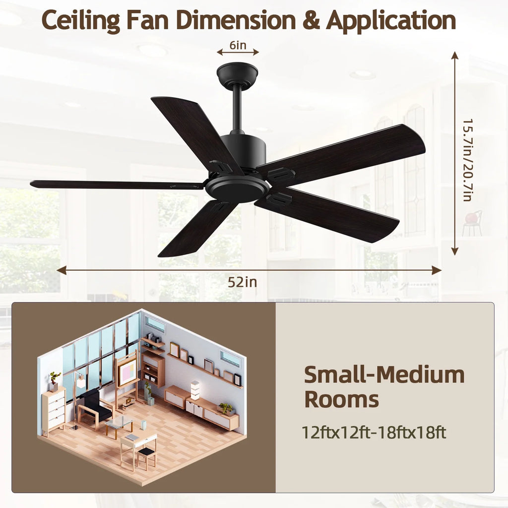 52" Ceiling Fan with Remote Control No Light, 6 Speeds Reversible DC Motor 5 Blades Black/Walnut C56969