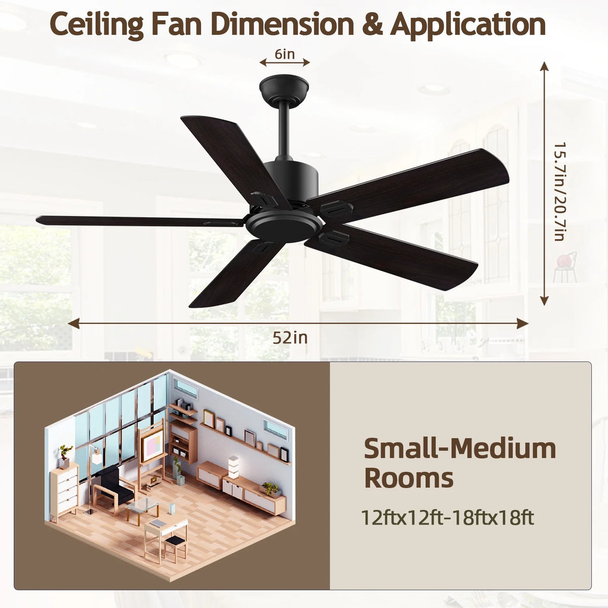 52" Ceiling Fan with Remote Control No Light, 6 Speeds Reversible DC Motor 5 Blades Black/Walnut C56969
