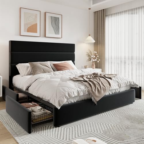White Full Size Platform Bed Frame with 4 Storage Drawers and Velvet Upholstered Headboard D654943