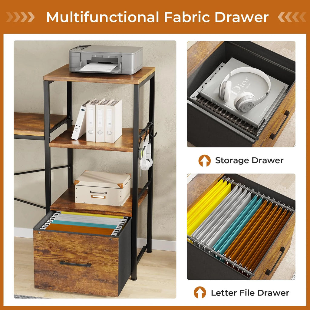 L Shaped Desk with Fabric File Drawer and Power Outlets D505