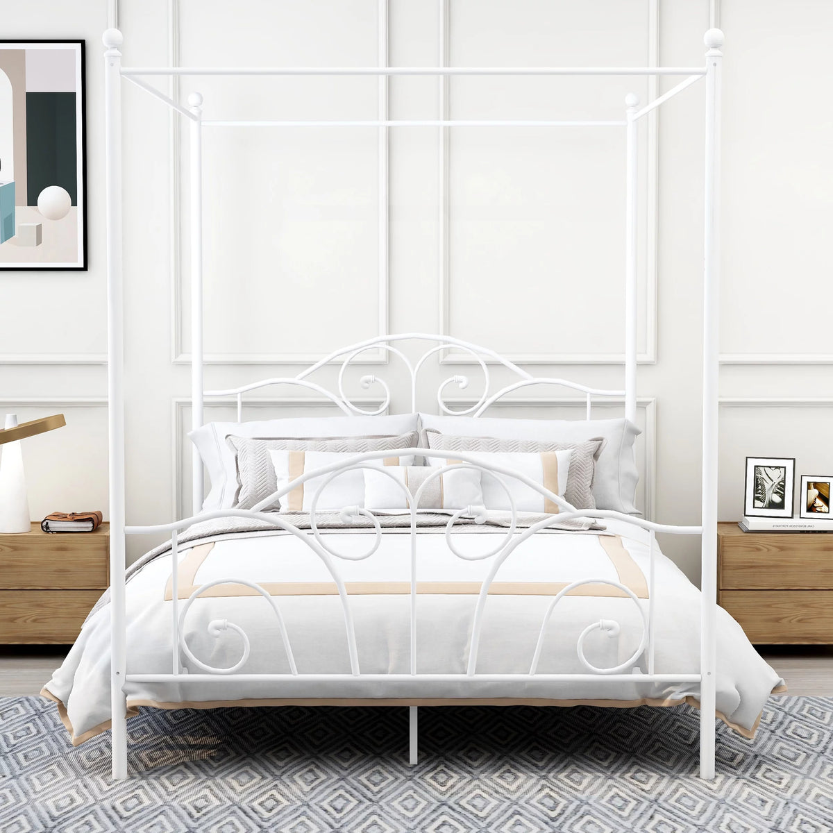 Vintage Four Post Metal Canopy Bed Frame Full Size White T965086