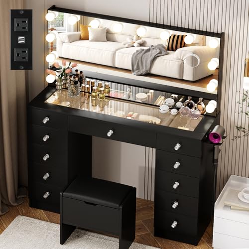 White Glass Top Makeup Vanity Desk with Lighted Mirror and 11 Drawers I921948