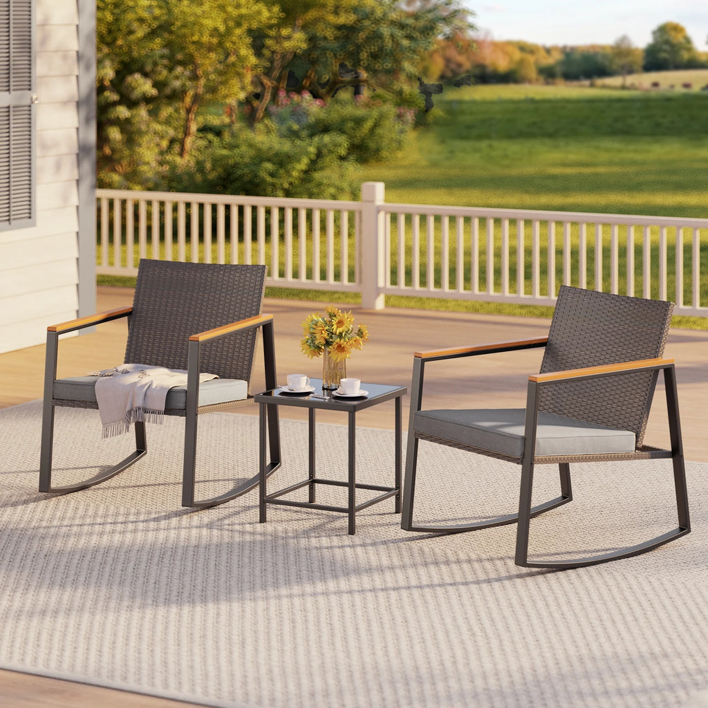 3 Pieces Beige Rattan Wicker Patio Rocking Chair Set with Coffee Table A8480