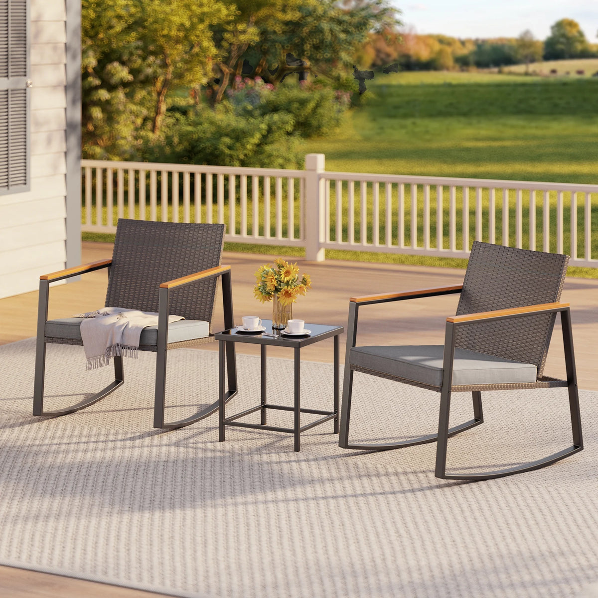 3 Pieces Beige Rattan Wicker Patio Rocking Chair Set with Coffee Table A8480