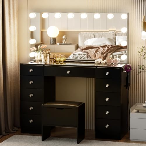 White Glass Top Makeup Vanity Desk with Lighted Mirror and 11 Drawers I921948