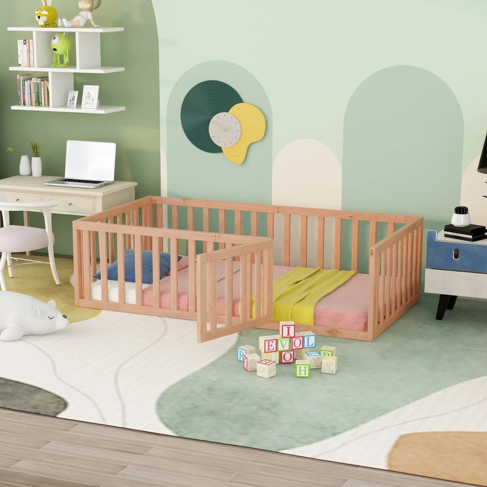 Twin Size Wood Floor Bed with Rails and Door Z3674