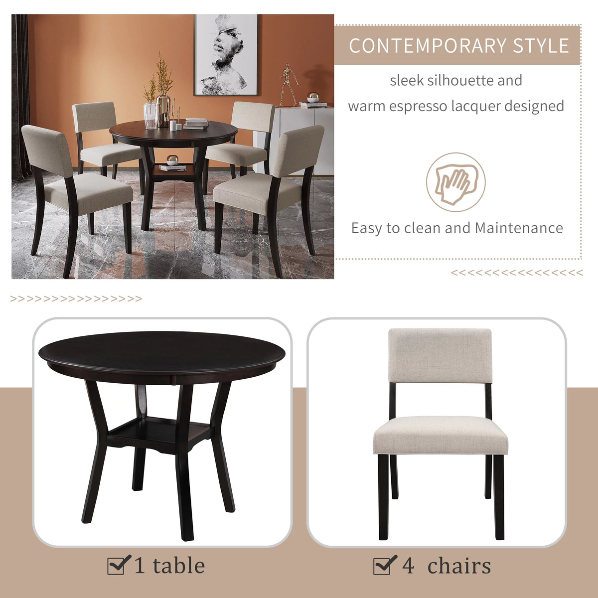 42" 5-Piece Round Dining Table Set with 4 Upholstered Chairs R665