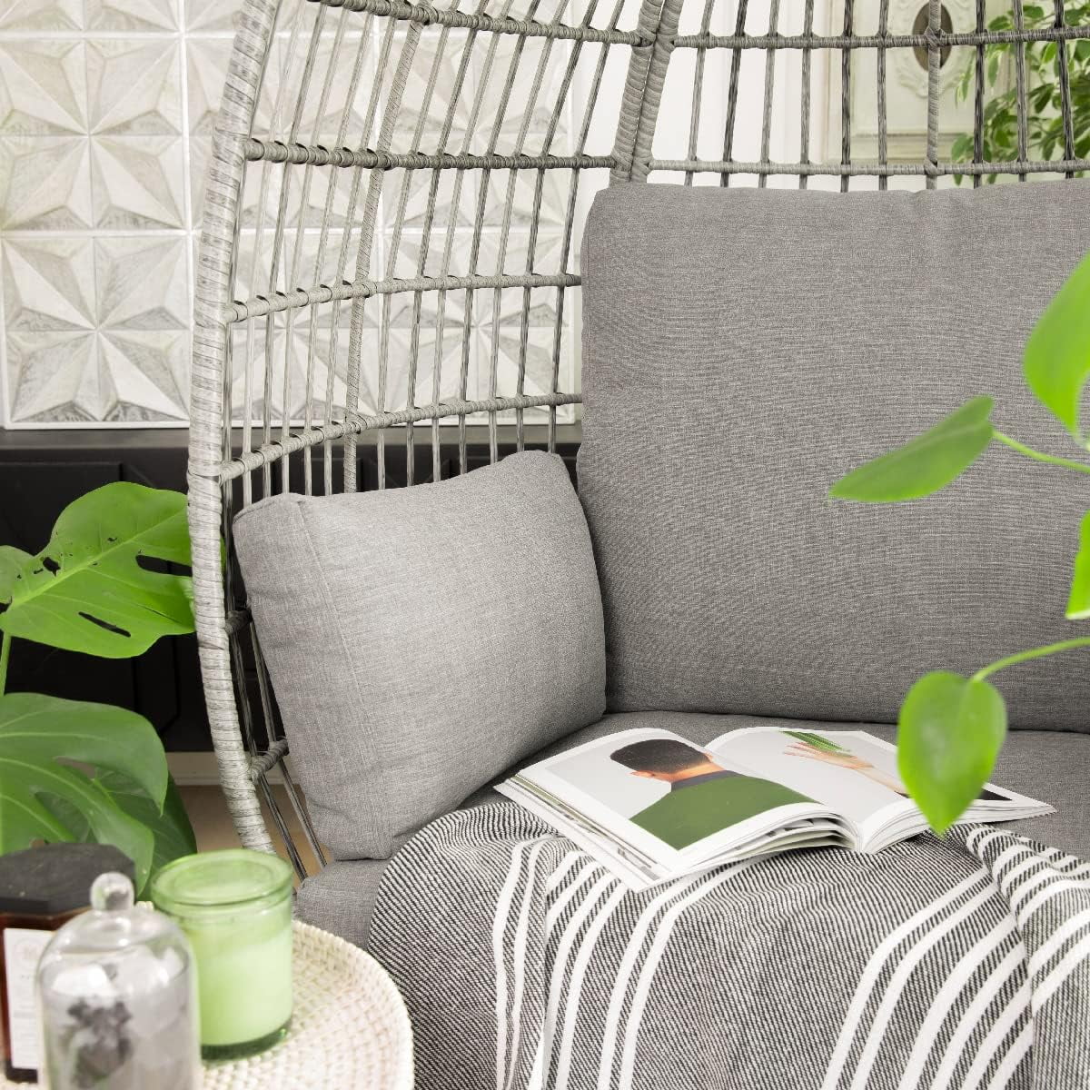 Oversized Grey Wicker Chair with Seat Cushions S290112