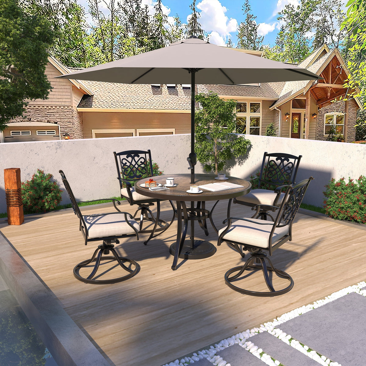 48" Cast Aluminum Round Patio Dining Table with Umbrella Hole O447800