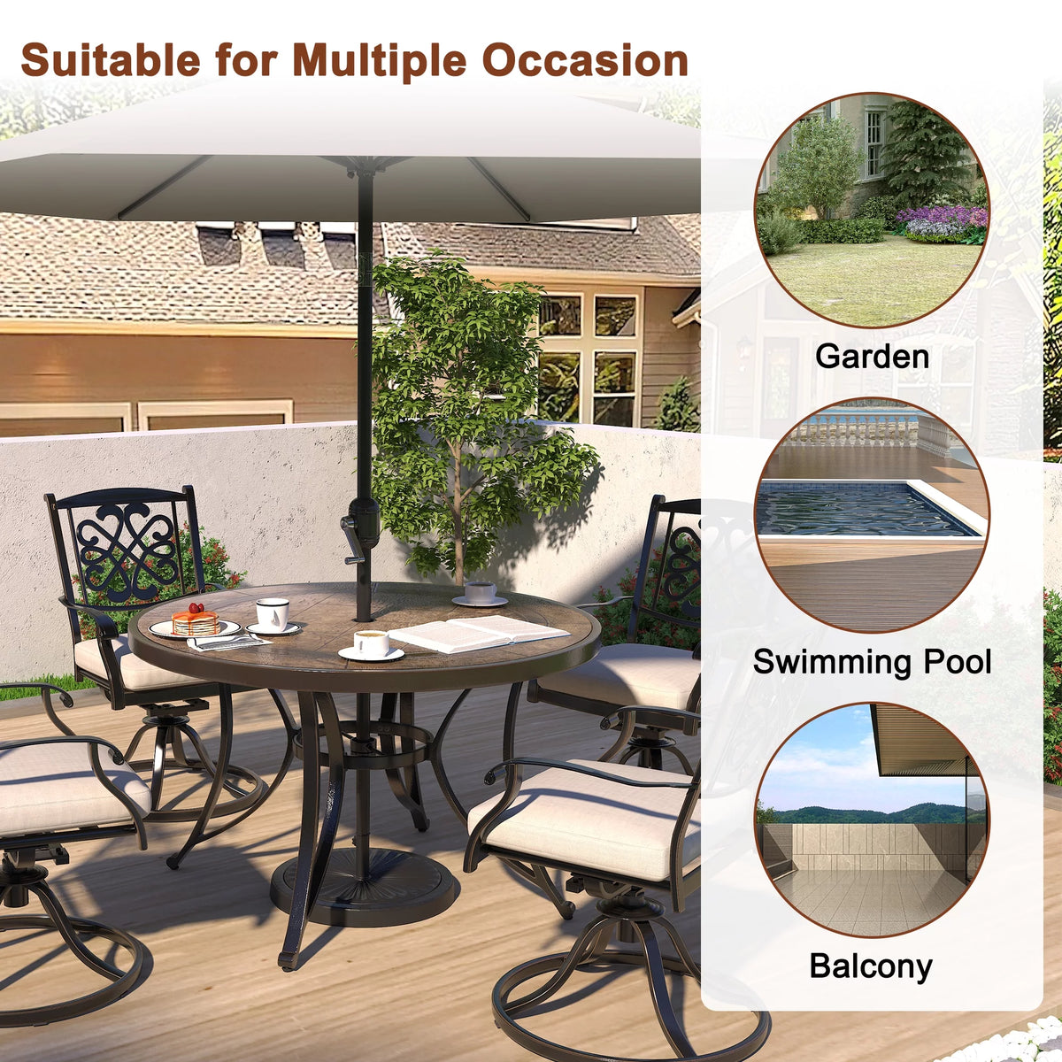 48" Cast Aluminum Round Patio Dining Table with Umbrella Hole O447800