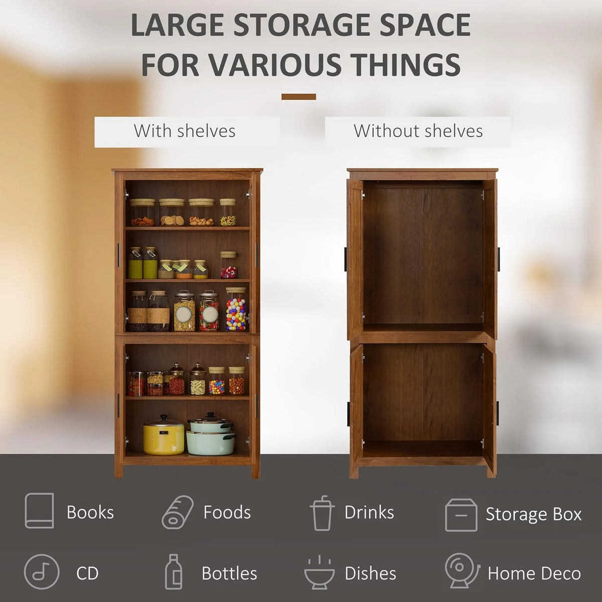 64" 4-Door Oak Kitchen Pantry Cabinet with 3 Adjustable Shelves L78934