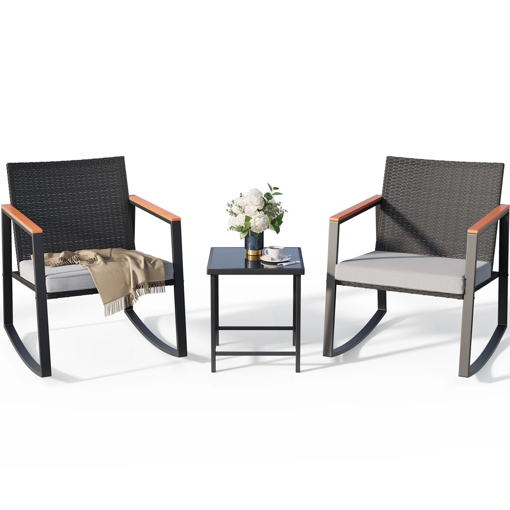 3 Pieces Beige Rattan Wicker Patio Rocking Chair Set with Coffee Table A8480
