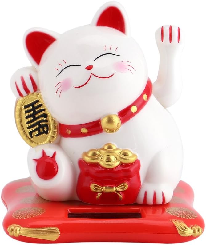 Solar Powered Waving Arm Lucky Cat White B31407