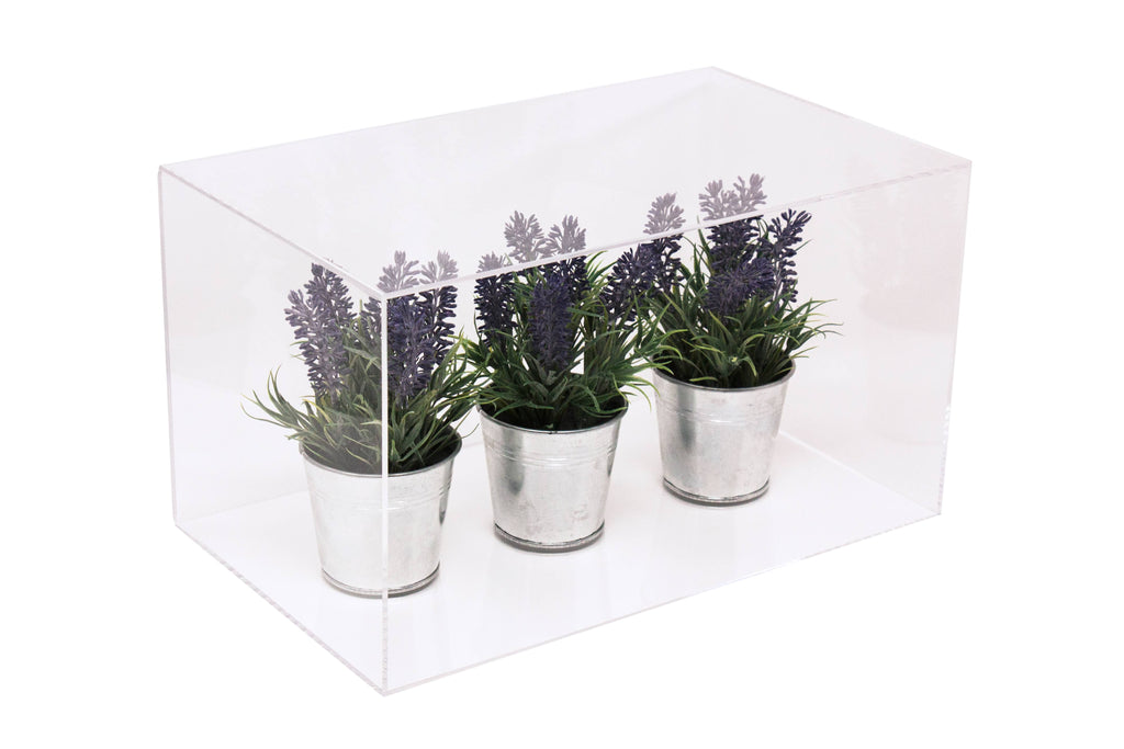 Clear Acrylic Display Case Medium Rectangle Box with Gold Risers 14 inch x 8 inch x 8.5 inch Q21212