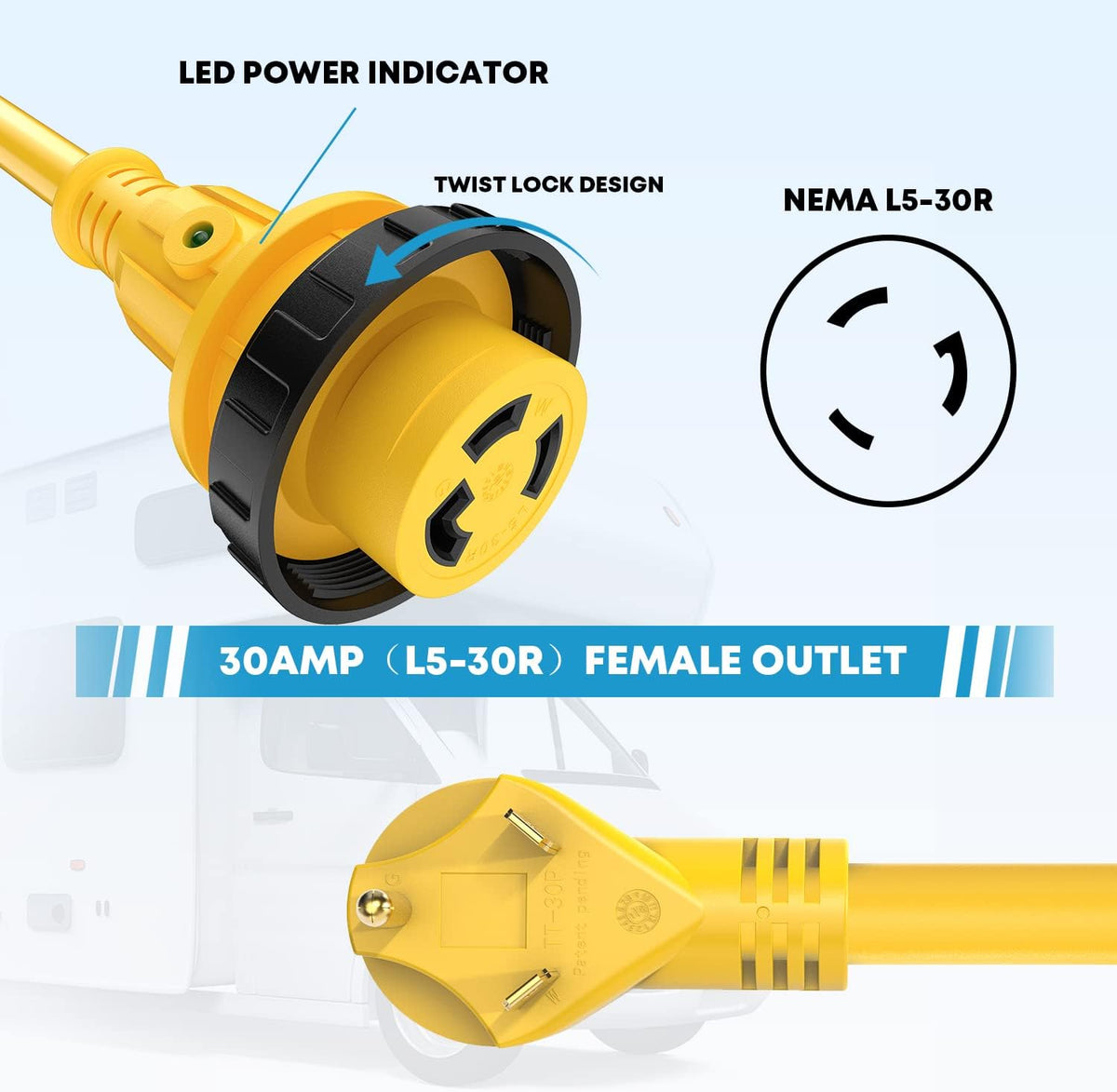 25' 30 Amp RV Power Extension Cord with 15 Amp to 30 Amp Adapter D31253