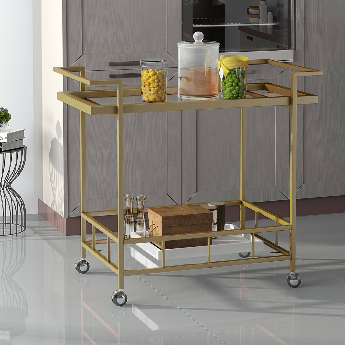 Gold and Clear Contemporary Indoor Bar Cart Q340