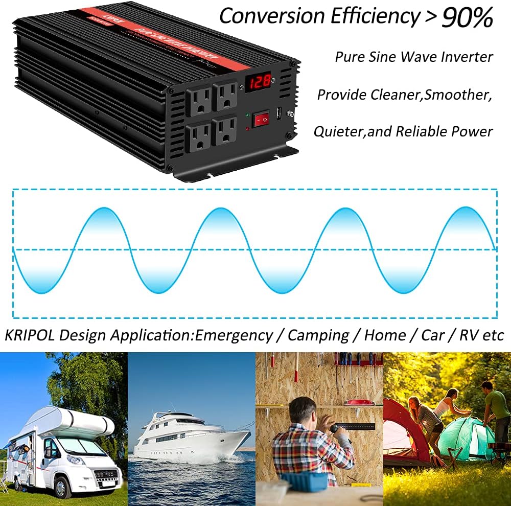 1000 Watt Pure Sine Wave Inverter 12v DC to 110/120v AC Z390011