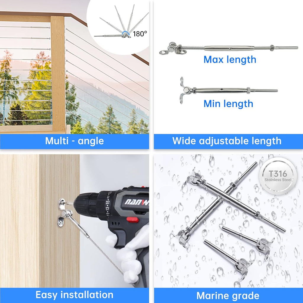 12 Set Cable Railing Kit 1/8 T316 Stainless Steel Turnbuckle Hardware F7865