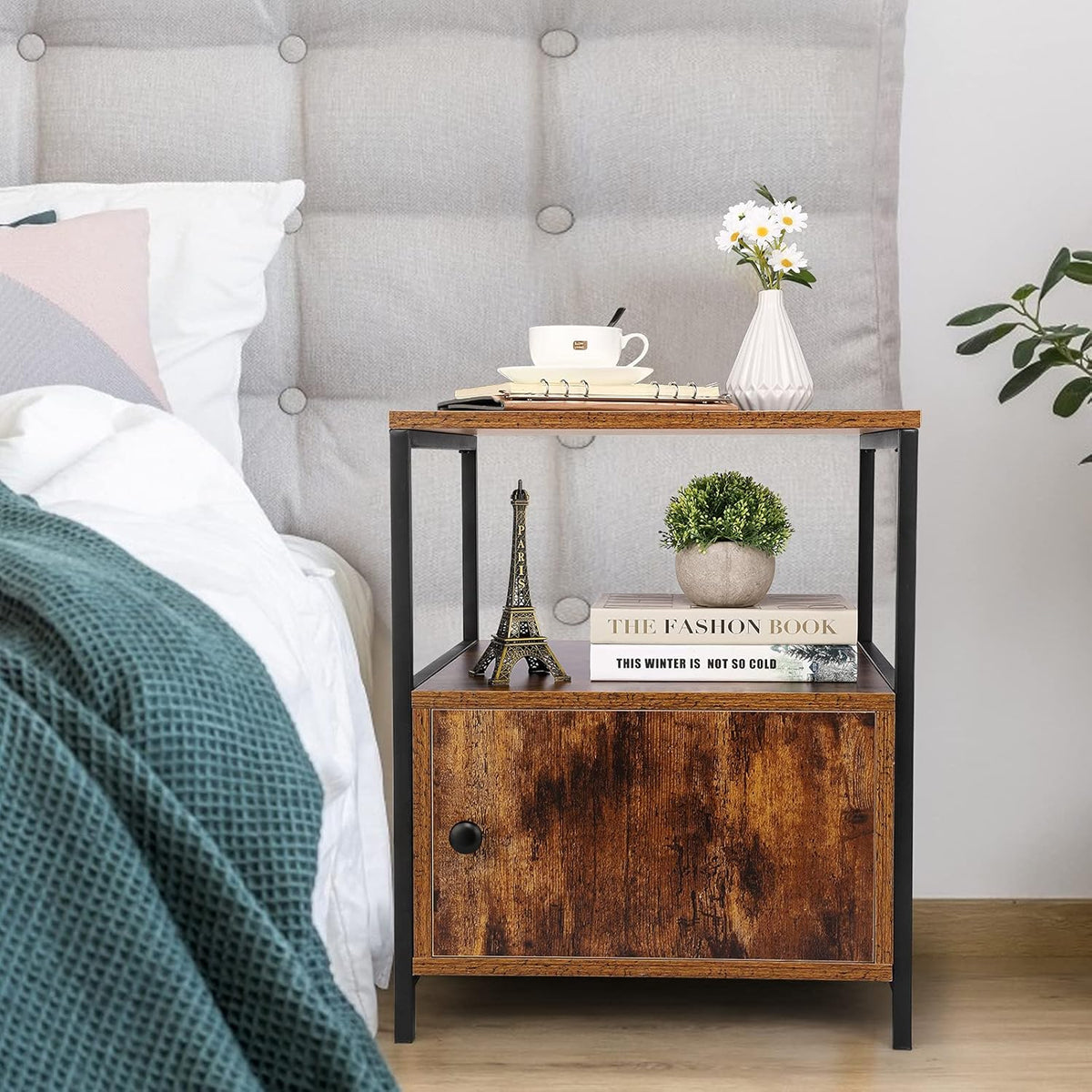 Black Wooden Nightstand with Storage Cabinet and Open Shelves Q831