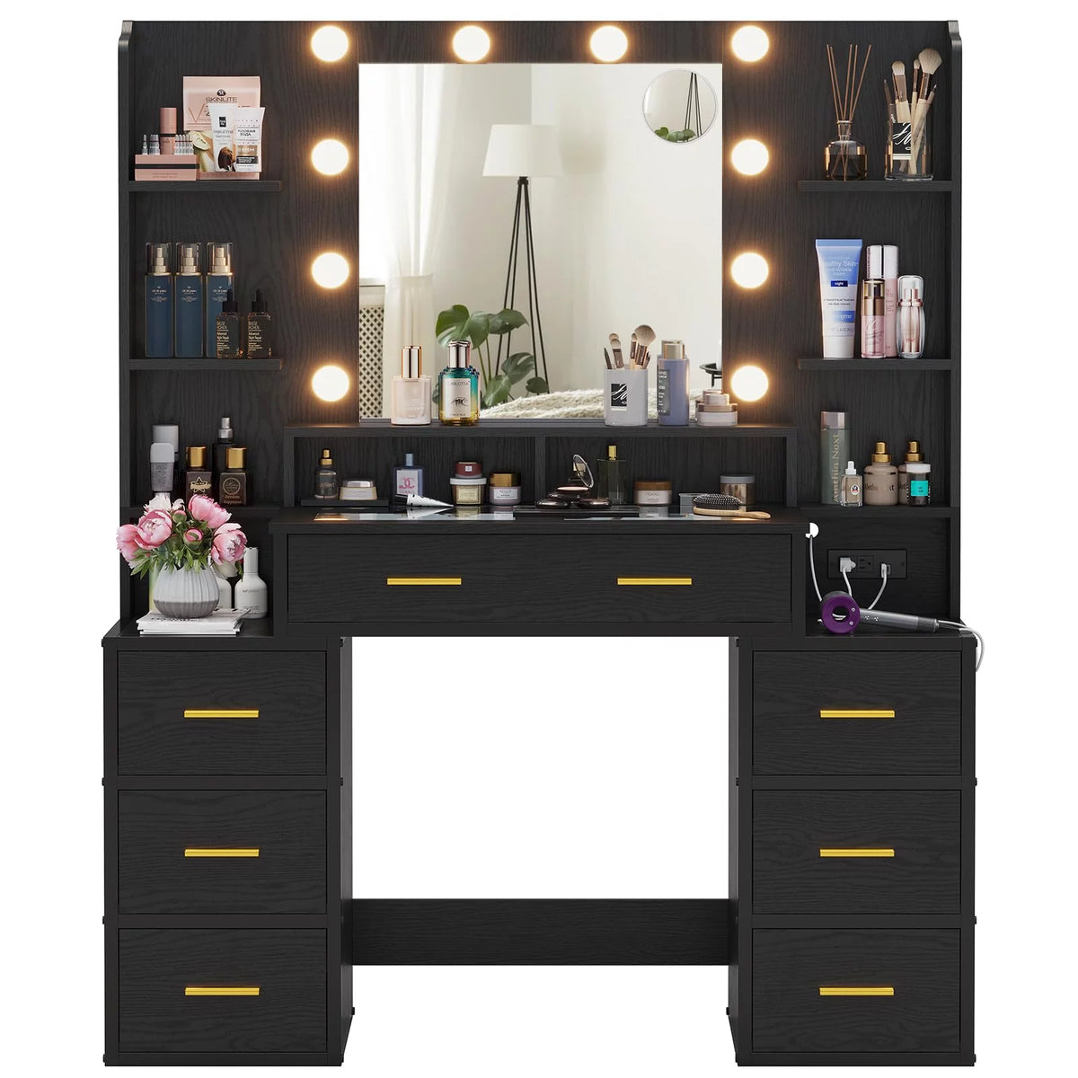 Black Vanity Desk with Mirror and Lights, Glass Top, Charging Station, 8 Drawers P6924