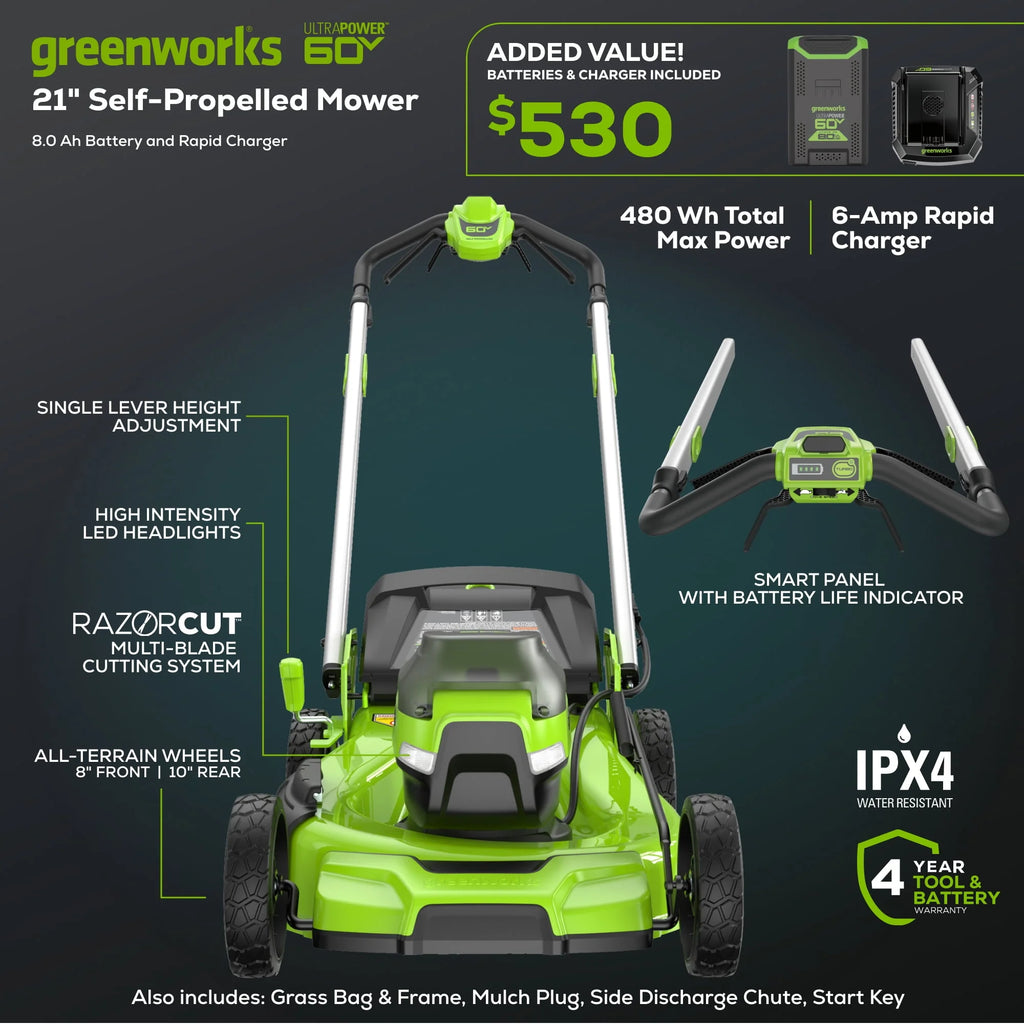 60V 21 Self Propelled Lawn Mower with 8.0 Ah Battery & Rapid Charger N197696