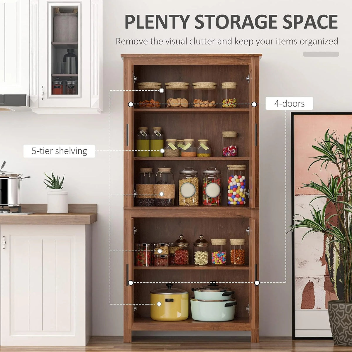64" 4-Door Oak Kitchen Pantry Cabinet with 3 Adjustable Shelves L78934