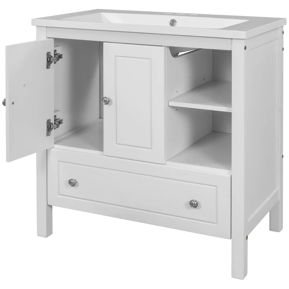 30" White Bathroom Vanity with Ceramic Sink and Storage Cabinet P450732