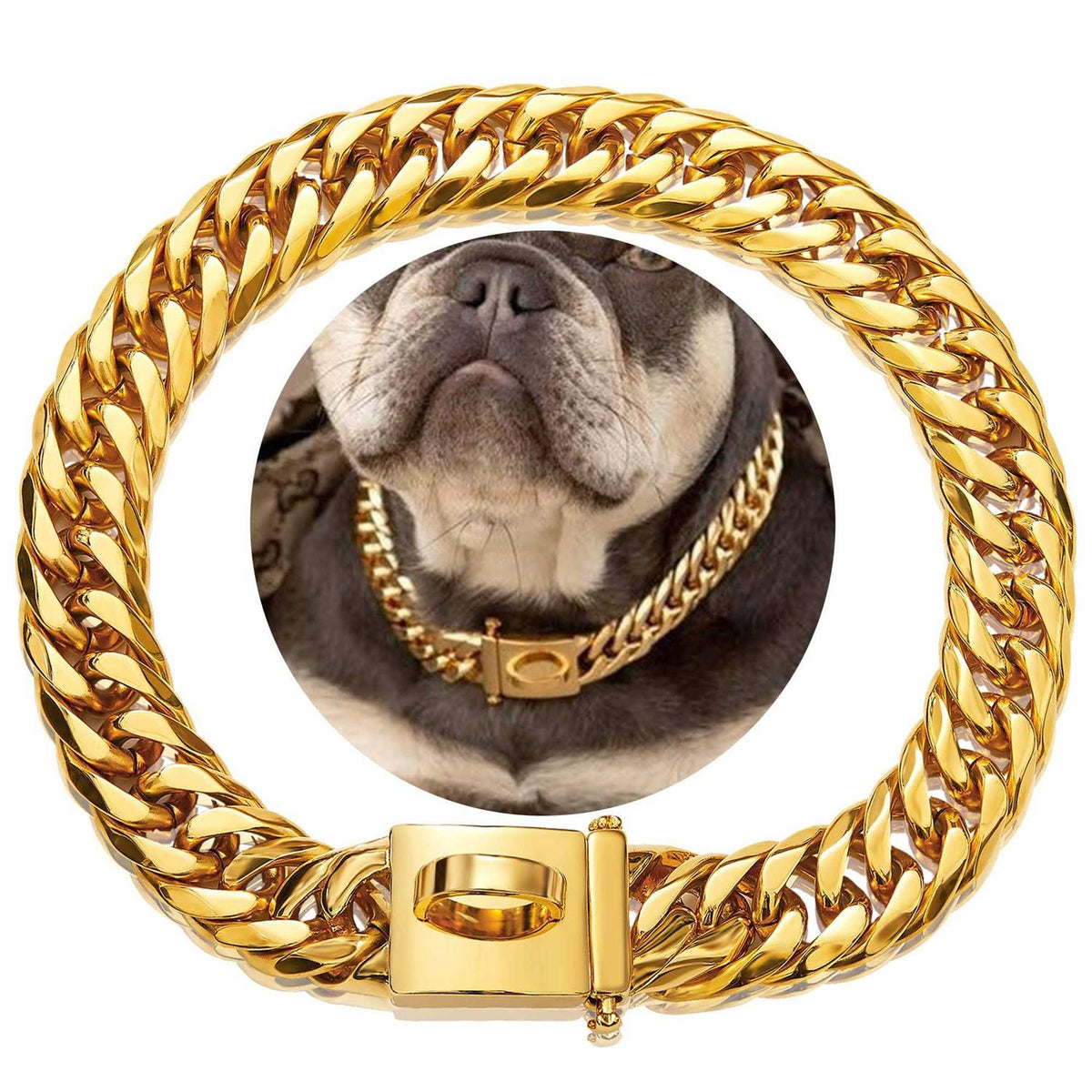 Gold Chain Dog Collar 16MM Cuban Link with Snap Buckle R750