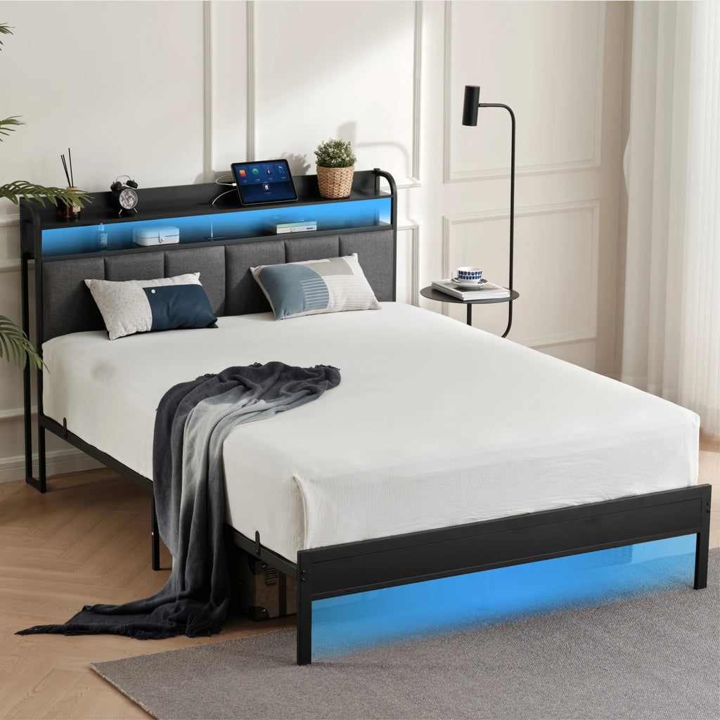 King Size Metal and Wood Platform Bed with LED Headboard A54910