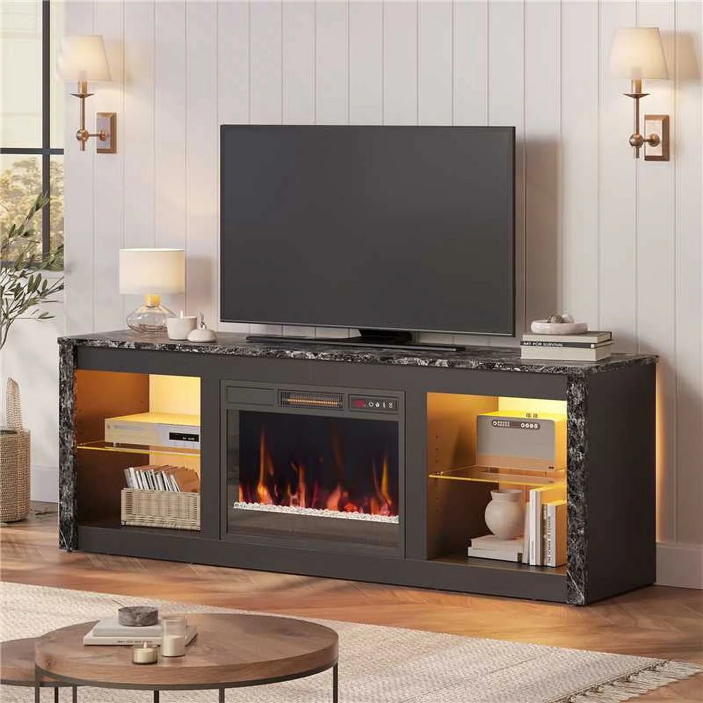 Black Marble Electric Fireplace TV Stand B54748