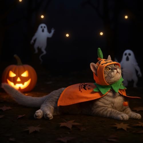 2 Sets Pet Pumpkin Costume Cat Halloween Cloak Hat Set B815594