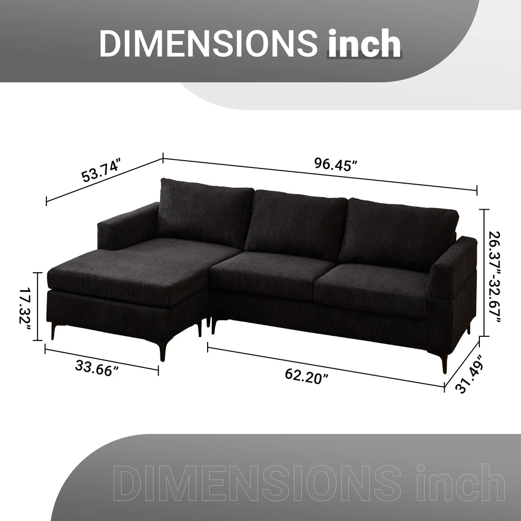 96" 3-Seat Sectional Sofa with Chaise Black W344
