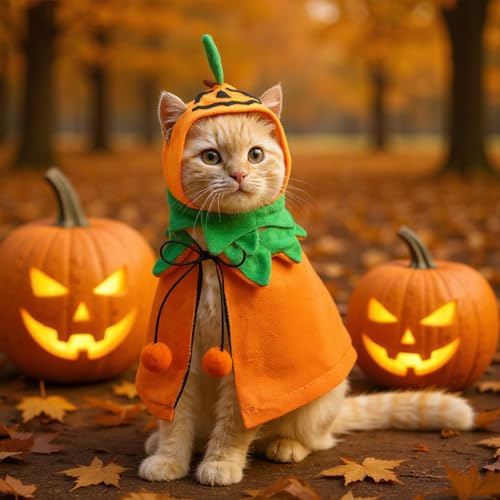 2 Sets Pet Pumpkin Costume Cat Halloween Cloak Hat Set B815594