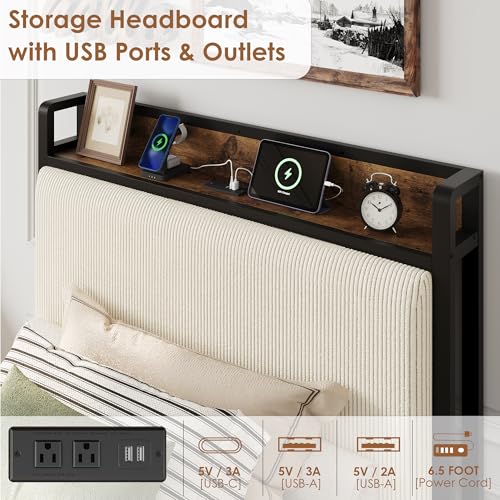 Full Size Linen Upholstered Platform Bed Frame with Storage Headboard and 2 Drawers K257