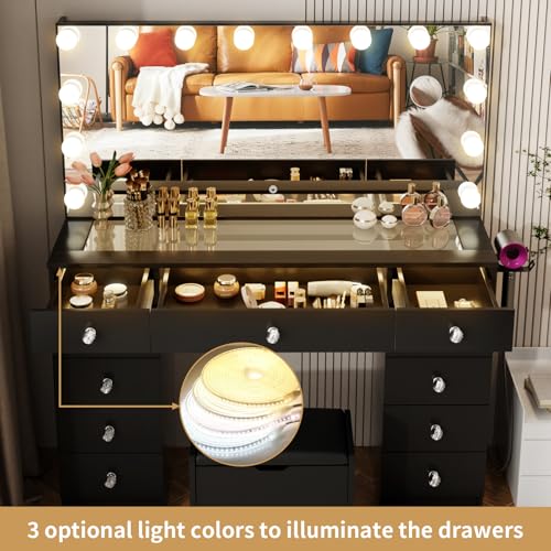White Glass Top Makeup Vanity Desk with Lighted Mirror and 11 Drawers I921948