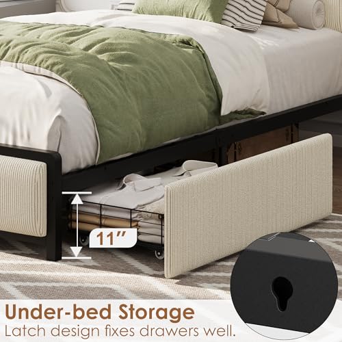 Full Size Linen Upholstered Platform Bed Frame with Storage Headboard and 2 Drawers K257