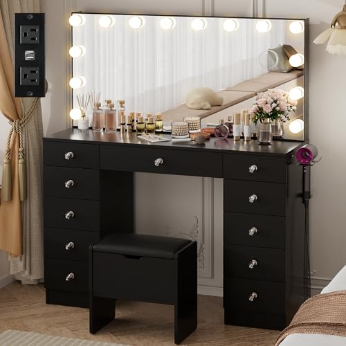 White Glass Top Makeup Vanity Desk with Lighted Mirror and 11 Drawers I921948