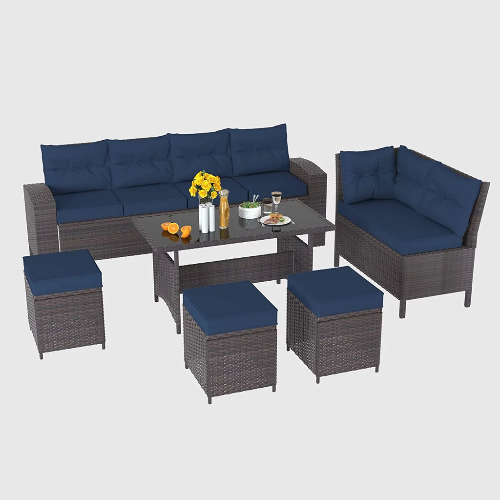 Brown Rattan 7 Pieces Outdoor Dining Set with Red Cushions X7605