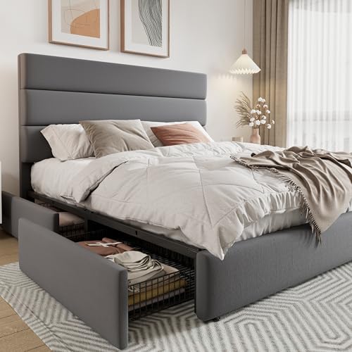 White Full Size Platform Bed Frame with 4 Storage Drawers and Velvet Upholstered Headboard D654943