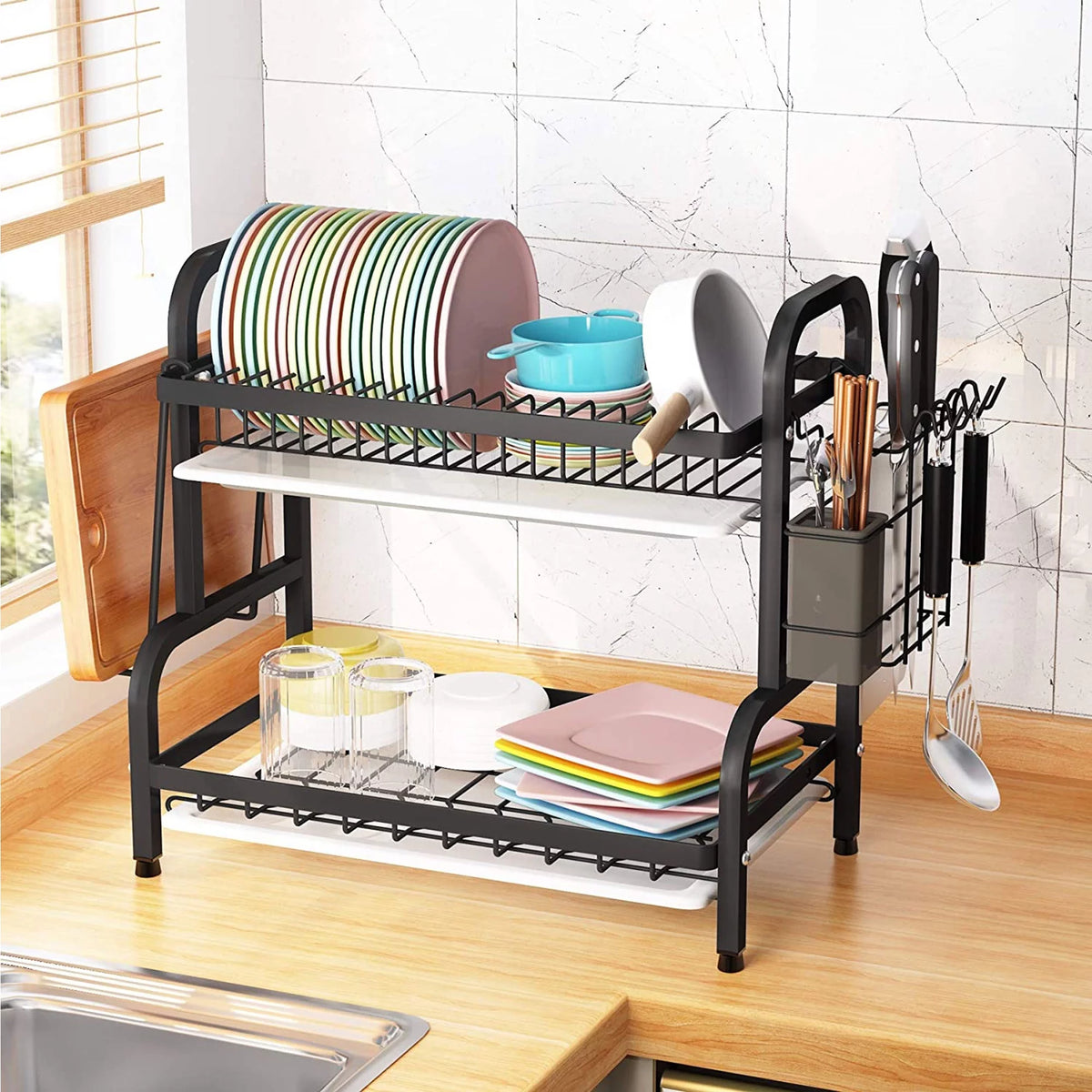 Adjustable 2-Tier Dish Drying Rack with Cutting Board Holder M52520