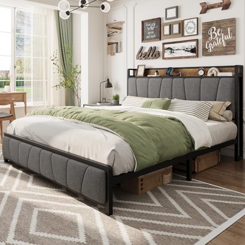 Full Size Linen Upholstered Platform Bed Frame with Storage Headboard and 2 Drawers K257