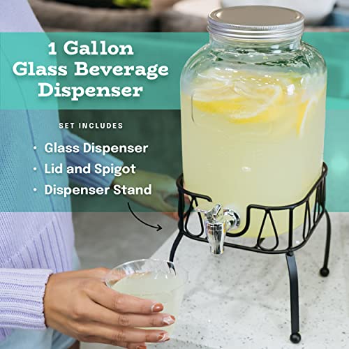 Glass Drink Dispenser Set of 2 1 Gallon with Stand T7350