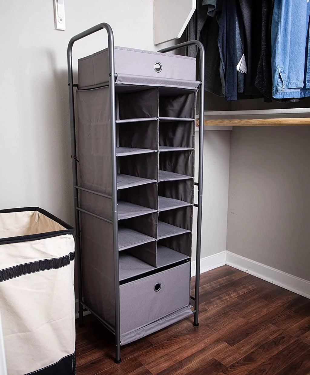 Grey 12 Cubby Vertical Shoe Rack Organizer with Drawer Q269