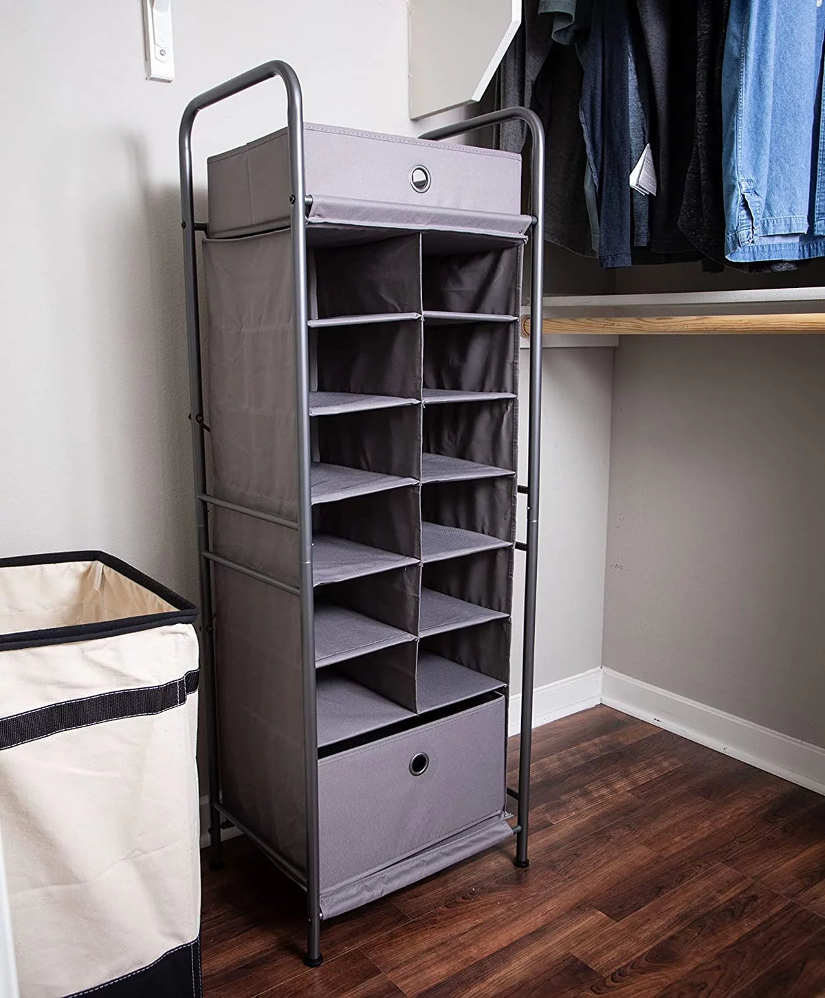 Grey 12 Cubby Vertical Shoe Rack Organizer with Drawer Q269