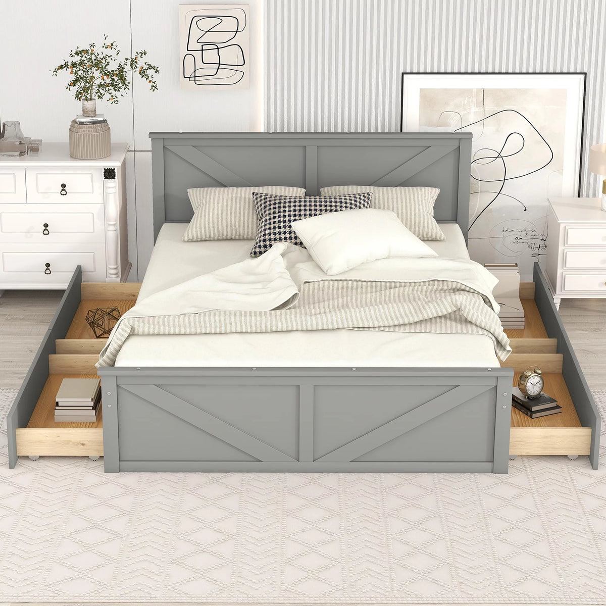 Gray Wood Queen Bed Frame with 4 Storage Drawers K20735