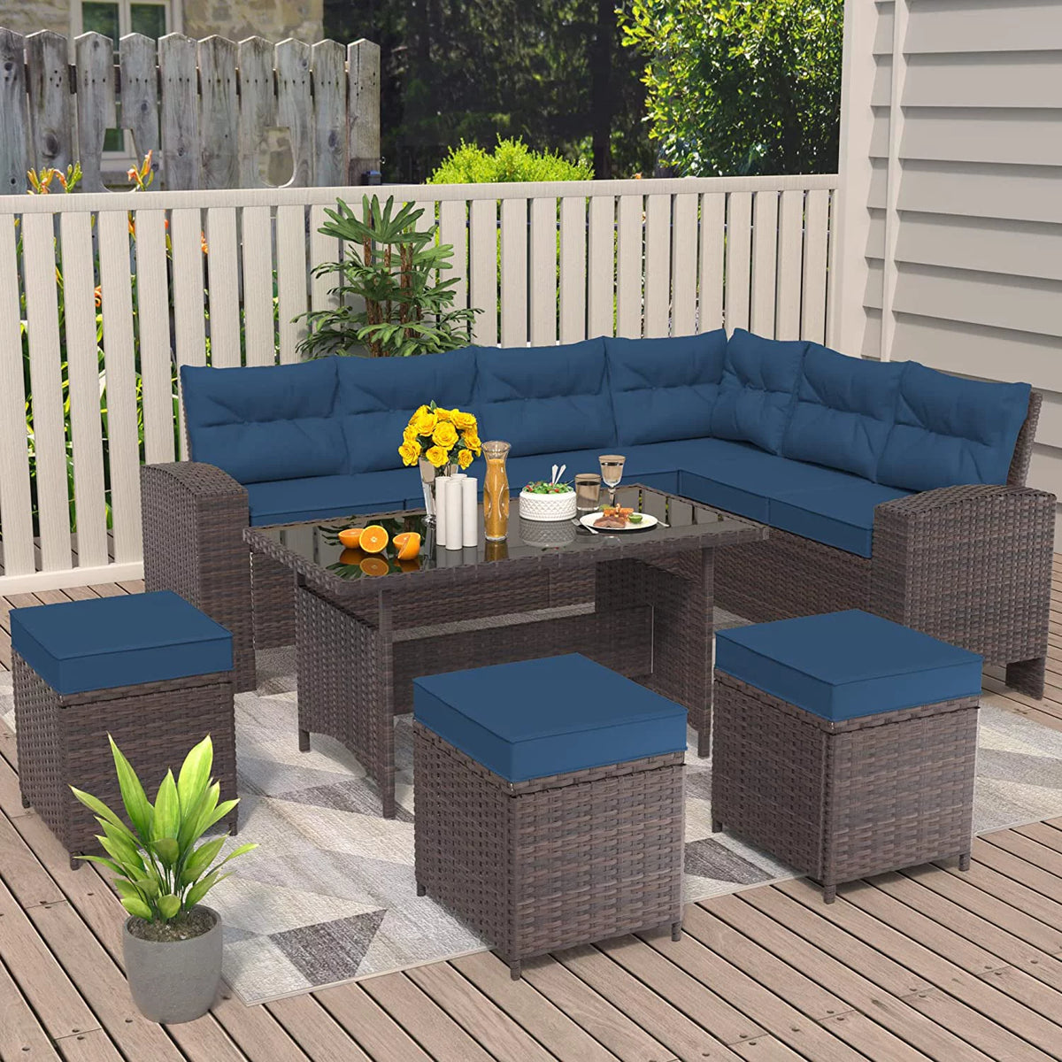 Brown Rattan 7 Pieces Outdoor Dining Set with Red Cushions X7605