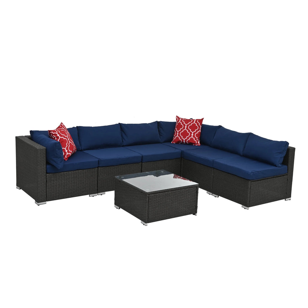 7 Piece PE Rattan Patio Furniture Set with Cushions and Glass Coffee Table X8168