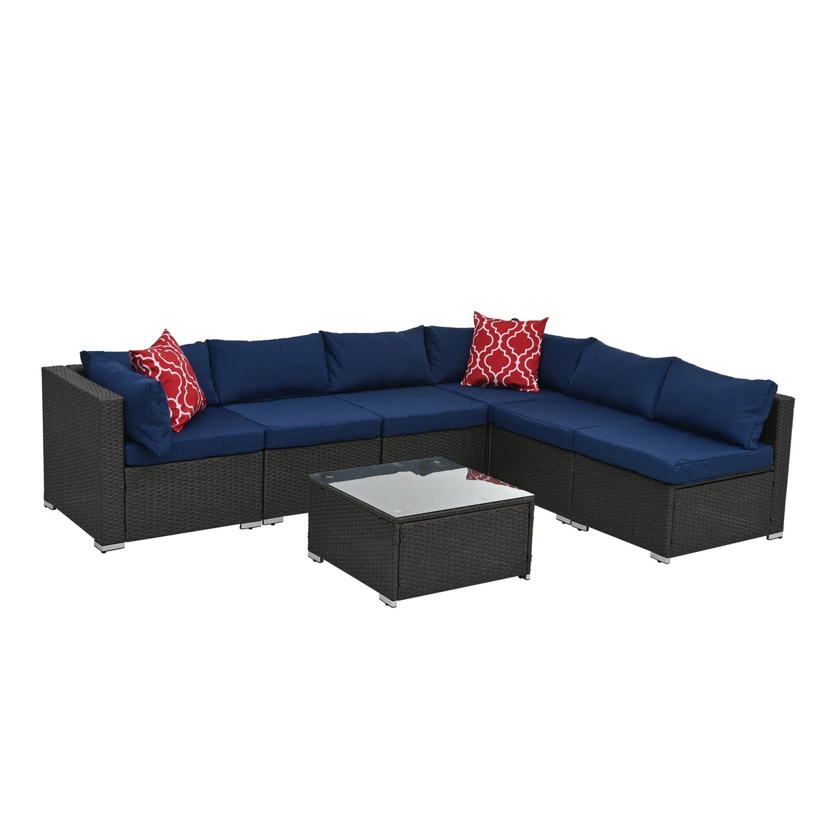 7 Piece PE Rattan Patio Furniture Set with Cushions and Glass Coffee Table X8168