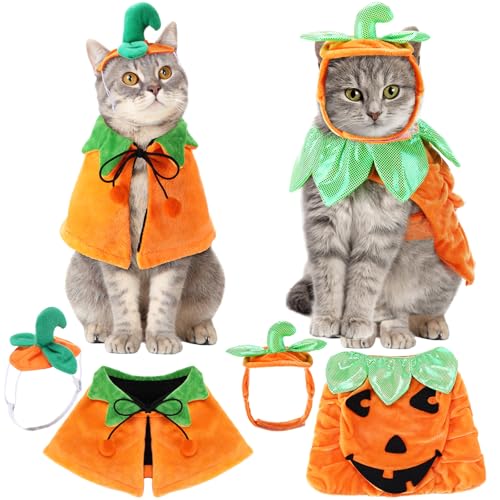 2 Sets Pet Pumpkin Costume Cat Halloween Cloak Hat Set B815594