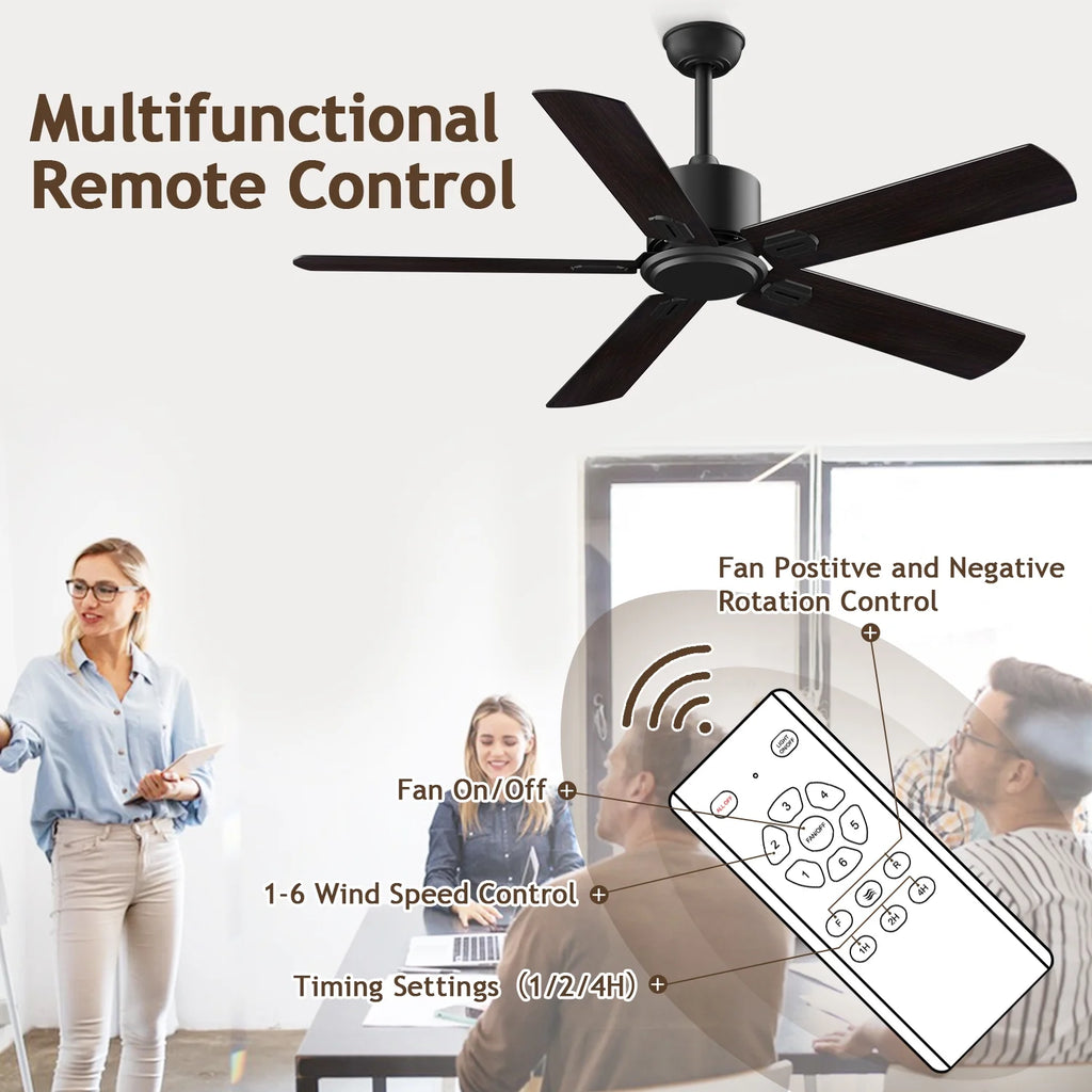 52" Ceiling Fan with Remote Control No Light, 6 Speeds Reversible DC Motor 5 Blades Black/Walnut C56969